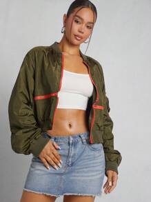 Denimoi Áo khoác Bomber có chi tiết khóa kéo tương phản - xanh quân đội - Xem 1