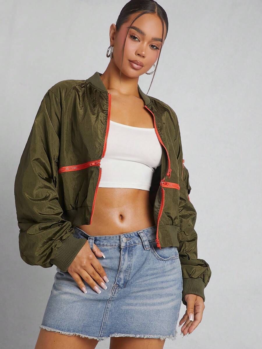 Denimoi Áo khoác Bomber có chi tiết khóa kéo tương phản - xanh quân đội - Xem 1