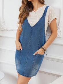SHEIN LUNE Denim Dress With Double Front Pockets - Light Wash - View 5