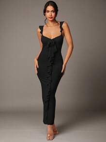 Silquee Valentine's Day Dress Red Mesh Ruffle Three-Dimensional Flower Decoration Women's Long Dress - Black - View 5