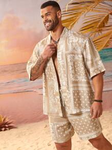 Manfinity RSRT Men's Plus Size Woven Shirt And Shorts Set - Khaki - View 5