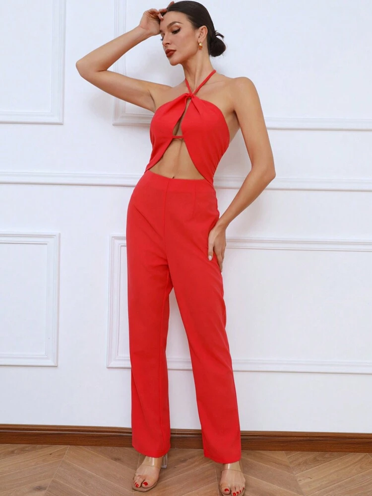 Solid Color Hollow Out Halter Jumpsuit