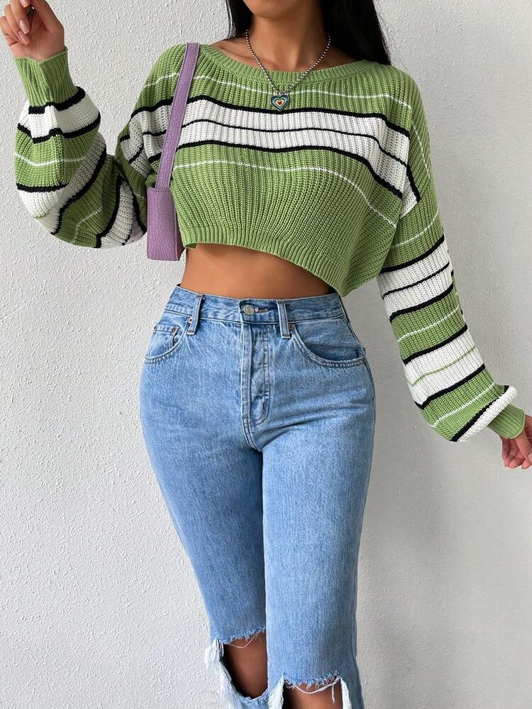 Women's Striped Round Neck Drop Shoulder Long Sleeve Cropped Sweater Pullover, Knit Pullover Fall Winter