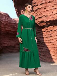 Al Najma Purple Velvet Handmade Flower Green Robe - Green - View 4