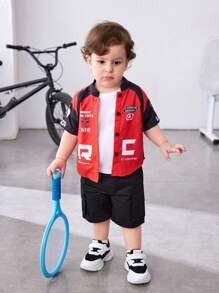 仿復古賽車風格拼色短袖t恤,印有字母圖案,街頭風格時尚,適合寶寶男孩 - 彩色 - 查看 3