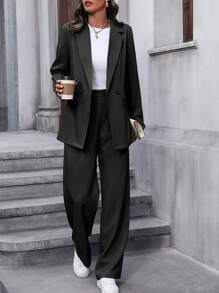 Ellegaria. Ladies' Notched Collar Double Button Blazer And Pants Set, Long Sleeve Fall Cloth For Women - Black - View 3