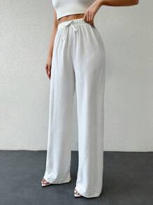 SHEIN Petite Cottonline Drawstring Detailed Solid Color Casual Women's Pants - White - View 4