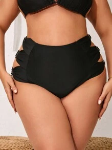 Swim Lushoire 大尺碼夏季海灘單色高腰中空比基尼下褲 - 黑色 - 查看 4