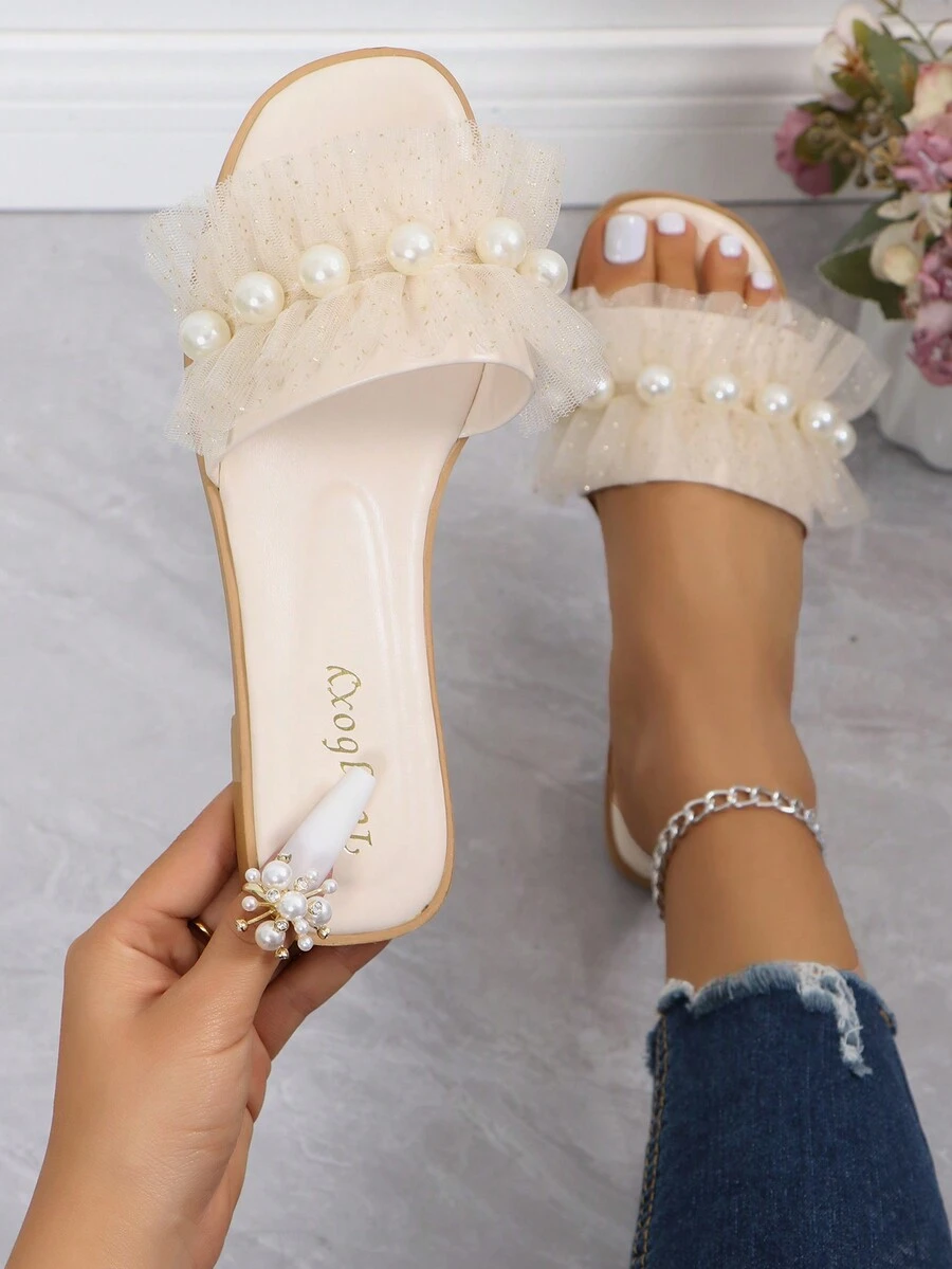 Sandale plate de plajă din plasă cu perle Decor - Bej - Vizualizare 1