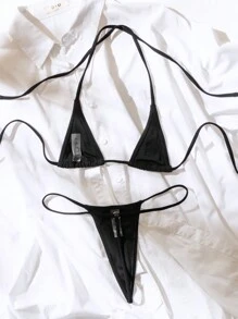 Swim SXY 夏季海滩女士纯色挂脖比基尼套装带迷你微三角比基尼套装 - 黑色 - 查看 2