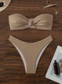 SHEIN Swim 純色紋理比基尼套裝 - 咖啡棕 - 查看 1