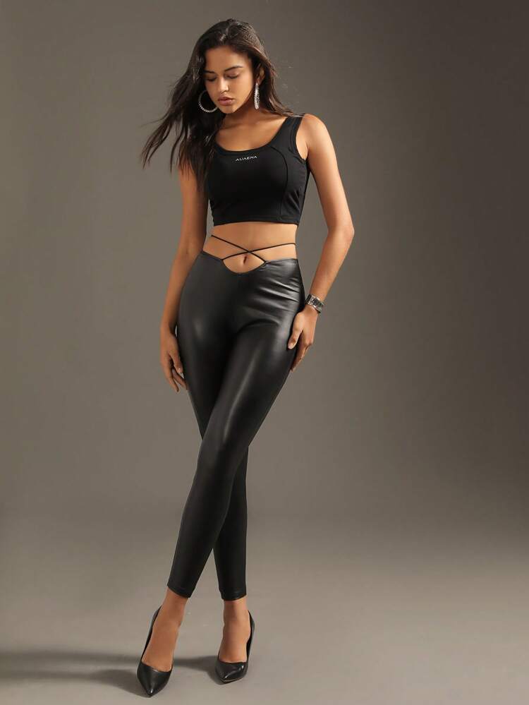 Pu Cross Strap Bodycon Leggings Fall Cloth For Women