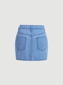 SHEIN MOD High Waisted Blue Denim Skirt With Bow Decoration - Light Wash - View 2