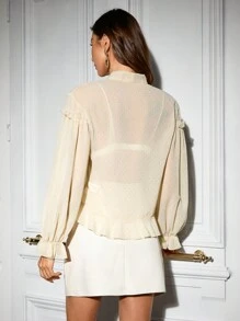 Aveloria French Vintage Asymmetrical Hemline, Ruffled Collar, Bow Tie, Long Sleeve Shirt