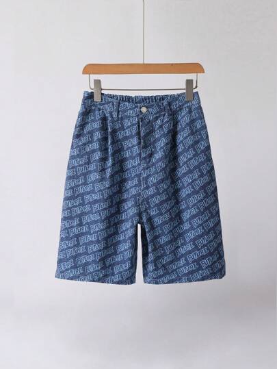 Teen Boys' American Style Retro Streetwear Cool Loose Fit Comfortable Denim Shorts With All-Over Print