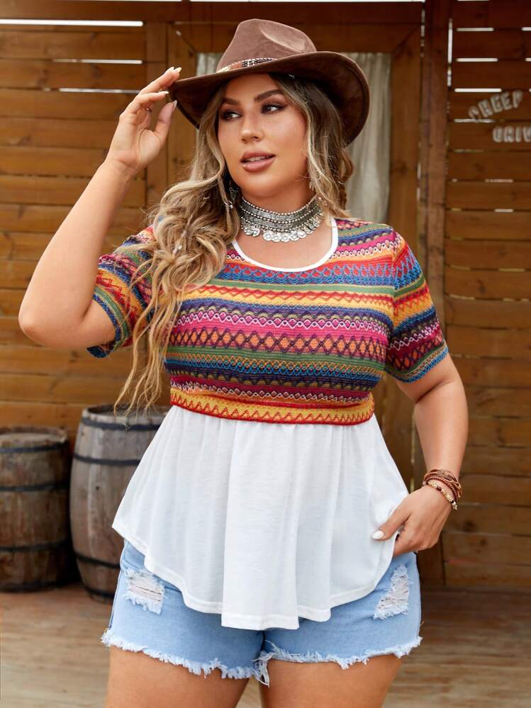 SHEIN LUNE Camiseta De Manga Corta 2 En 1 Con Bloques De Color Y Estampado Geométrico De Talla Grande - Azul - Añade 2