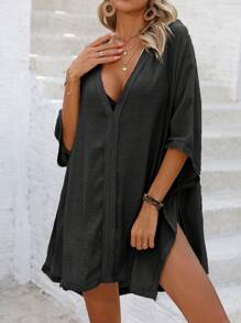 SHEIN Swim Váy che thân rộng rãi, cổ chữ V, họa tiết băng dệt, dành cho kỳ nghỉ, bãi biển mùa hè - màu đen - Xem 3