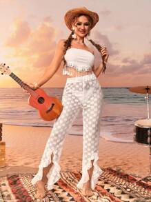 SHEIN Swim Solid Mesh Elastic Waist Ruffled Hem Pants Cover-Up Top Summer - White - View 5