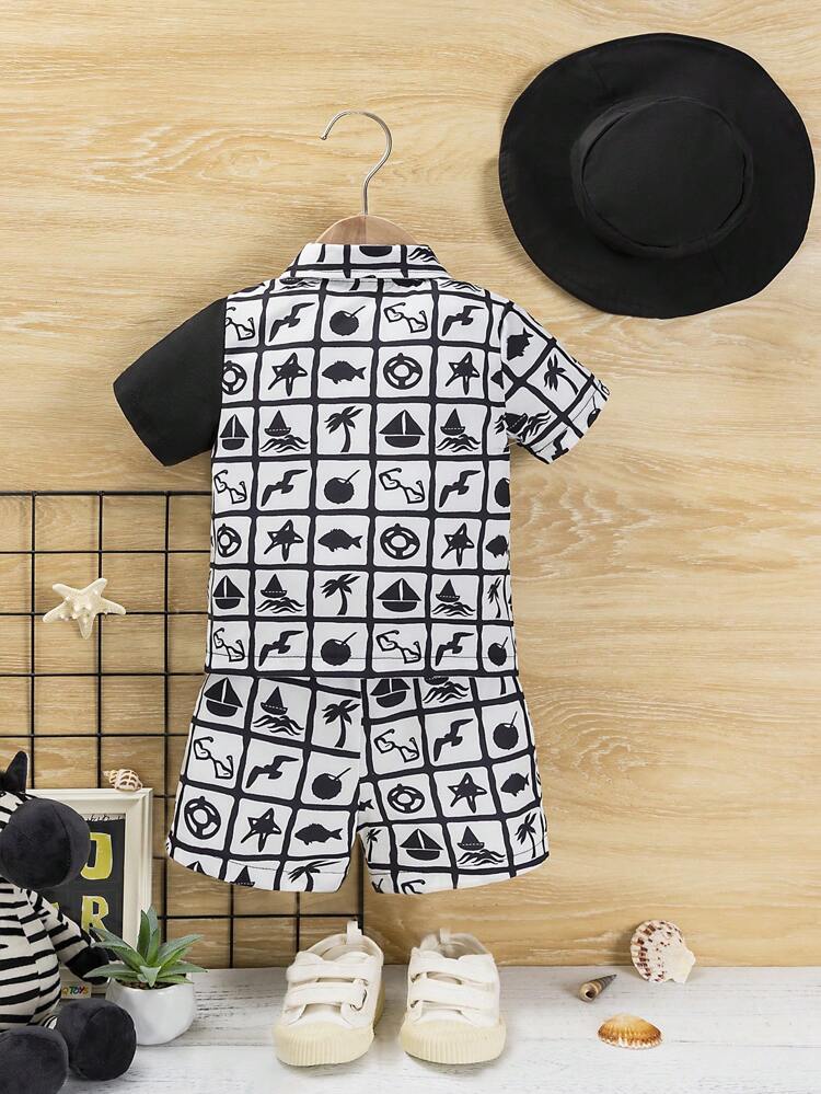Baby Boy's Fashionable Street Style Holiday Patchwork Printed Button-Front Short Sleeve Shirt And Shorts For Summer