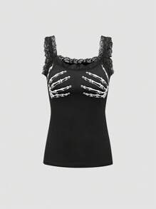 SHEIN Unity 修身拼接蕾丝骷髅手印花背心图案 T 恤女式上衣 - 黑色 - 查看 6