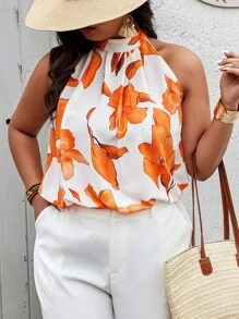 SHEIN Clasi Áo cánh không tay in hoa ngẫu nhiên Boho cỡ lớn, dành cho mùa hè - trái cam - Xem 5