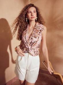 MOTF PREMIUM ALLOVER PRINT LAPEL COLLAR TWIST BLOUSE - Multicolor - View 4