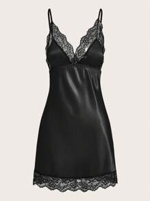 SHEIN فستان ملابس داخلية رقيقة بفوّال تباين الدانتيل - الأسود - مشاهدة 1