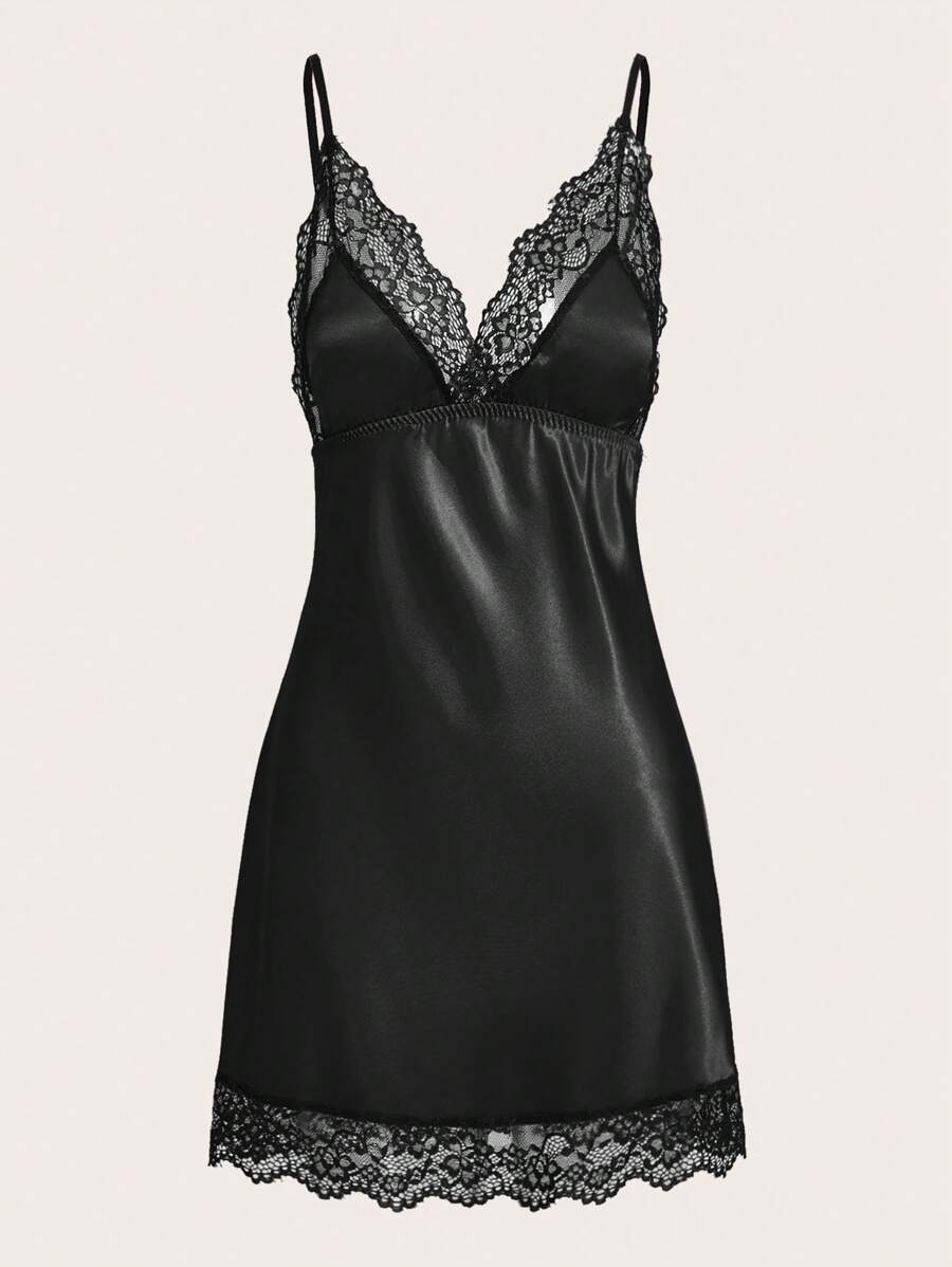 SHEIN فستان ملابس داخلية رقيقة بفوّال تباين الدانتيل - الأسود - مشاهدة 1