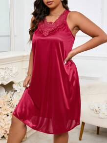 LuxeNights Plus Guipure Lace Trim Satin Nightdress, Moo Moo Night Dress
