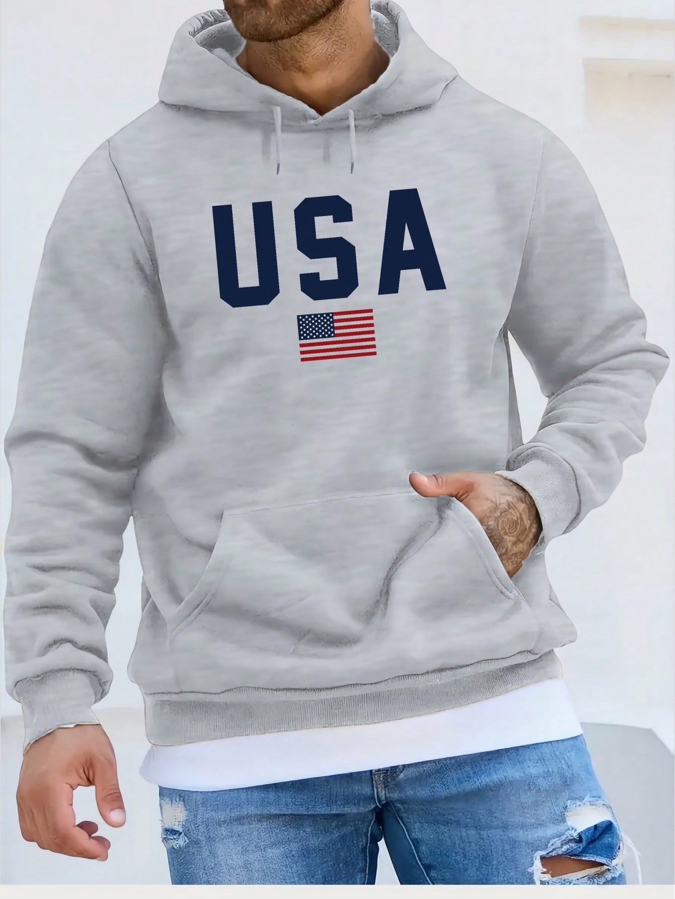 Manfinity Dauomo Men's Letter & American Flag Print Drawstring Hooded Long Sleeve Sweatshirt