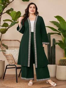 Al Najma 大尺碼編織拼接外套和寬腿褲套裝 - 墨綠色 - 查看 3