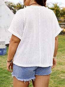 SHEIN Essnce Kích thước lớn Của phụ nữ Mùa hè Mới Thời trang giản dị Ngày lễ Liên hoan âm nhạc Dệt kim Vải Jacquard Lỏng lẻo Trắng Áo thun - Đen và trắng - Xem 2