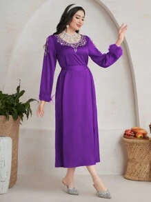 Modelyn 女士连衣裙，配有水钻装饰、毛皮拼布和灯笼袖长晚礼服 - 紫色 - 查看 4