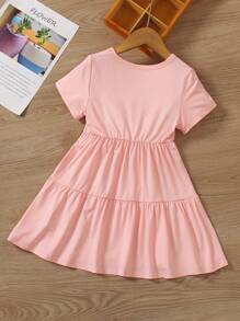 SHEIN Elladie kids Young Girl's Solid Color Round Neck Short Sleeve Dress With Ruffled Hem, School, Campus, College - Pink - View 2