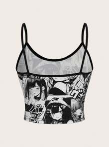 ROMWE Anime Japoński Manga Dziewczyna Nadruk Kawaii Uroczy Damski Tank Top, Szkoła