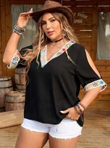 SHEIN LUNE Plus Size Open Shoulder Neckline Blouse With Patchwork Woven Strap - Multicolor - View 4