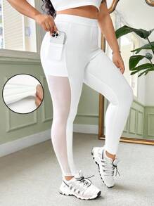 SHEIN EZwear Plus Size Tight Sport Leggings With Mesh Contrast And Phone Pocket