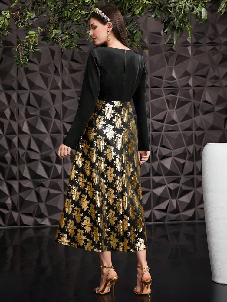 Women's High Waist Gathered Dress With Hot Stamping And Print Patchwork Design