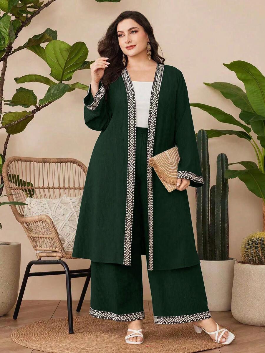 Al Najma 大尺碼編織拼接外套和寬腿褲套裝 - 墨綠色 - 查看 1
