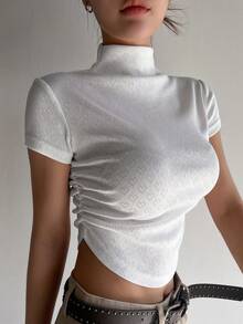 DAZY Solid Color Short Stand Collar Folded Short Sleeve T-Shirt - White - View 2
