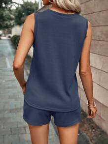 SHEIN LUNE Conjunto De Chaleco Y Pantalones Cortos Para Mujer Con Bolsillo Y Color Sólido. - Azul Marino - Ver 2