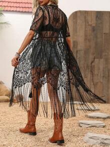 SHEIN LUNE Schwarzes Cover-up Top Für Frauen Mit Kurzen Ärmeln, Spitze Und Quastenbindung, Geeignet Für Musikfestivals.