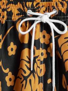 男士夏季花卉印花直筒休閒沙灘短褲,度假風情 - 黃色 - 查看 5