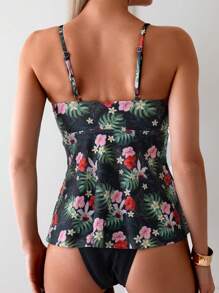 SHEIN Swim Summer Tropical Print Cami Plain Triangle Briefs Tankini Set - Multicolor - View 2