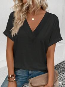 EMERY ROSE Women's V-Neck Batwing Sleeve T-Shirt - Black - View 1
