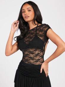 Forever 21 Lace Floral Perspective Sexy Backless Slim Fit Short Sleeve Bodysuit For Women - Black - View 1