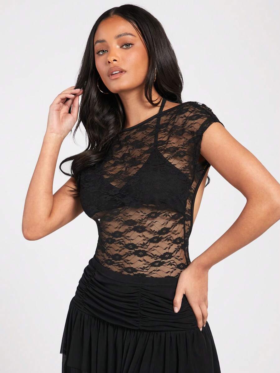 Forever 21 Lace Floral Perspective Sexy Backless Slim Fit Short Sleeve Bodysuit For Women - Black - View 1