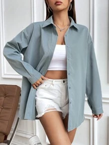 SHEIN Unity 女士純色下垂肩長袖襯衫 - 藍色 - 查看 4