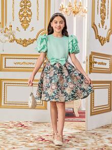 SHEIN Tween Girls' Lovely Retro Palace Style Round Neck Blouse With Puff Sleeves & Flower Jacquard Skirt Set