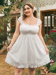 Dreamara Plus Size Sleeveless Ribbed Dress With Frill Trim Detail - White - View 3